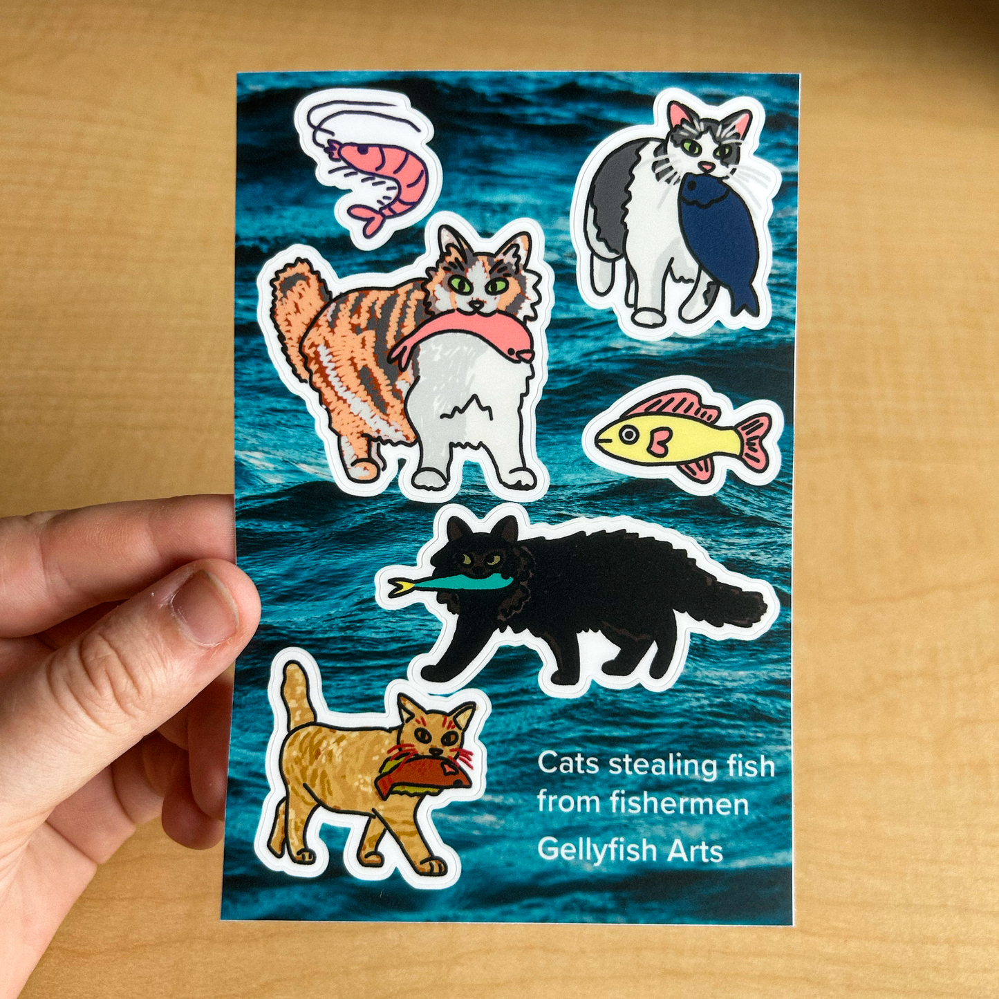 cats stealing fish sticker sheet