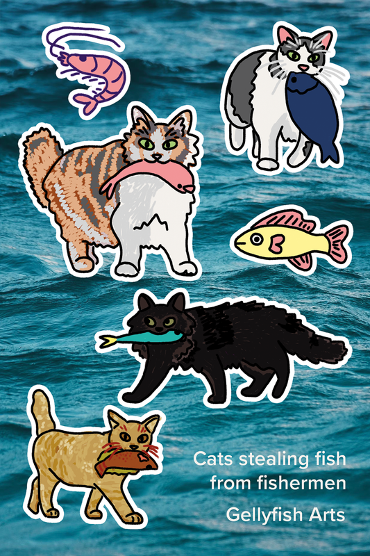 cats stealing fish sticker sheet