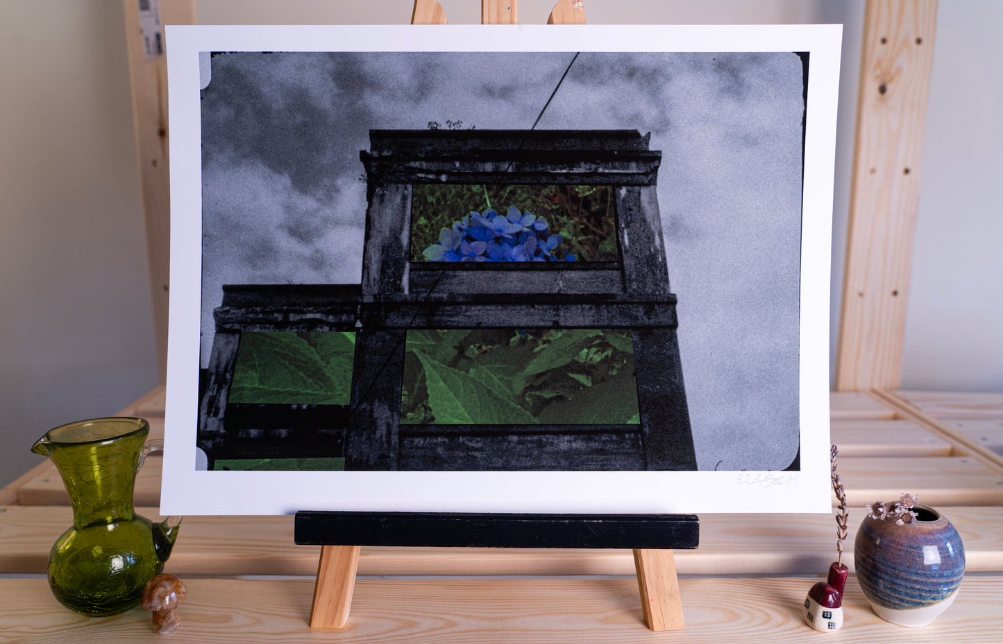 abandoned mill building with hydrangeas fine art print